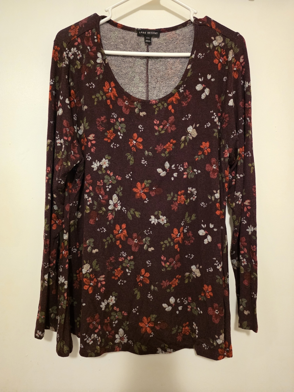 Lane Bryant Maroon Floral Scoop Neck Long Sleeve Tunic